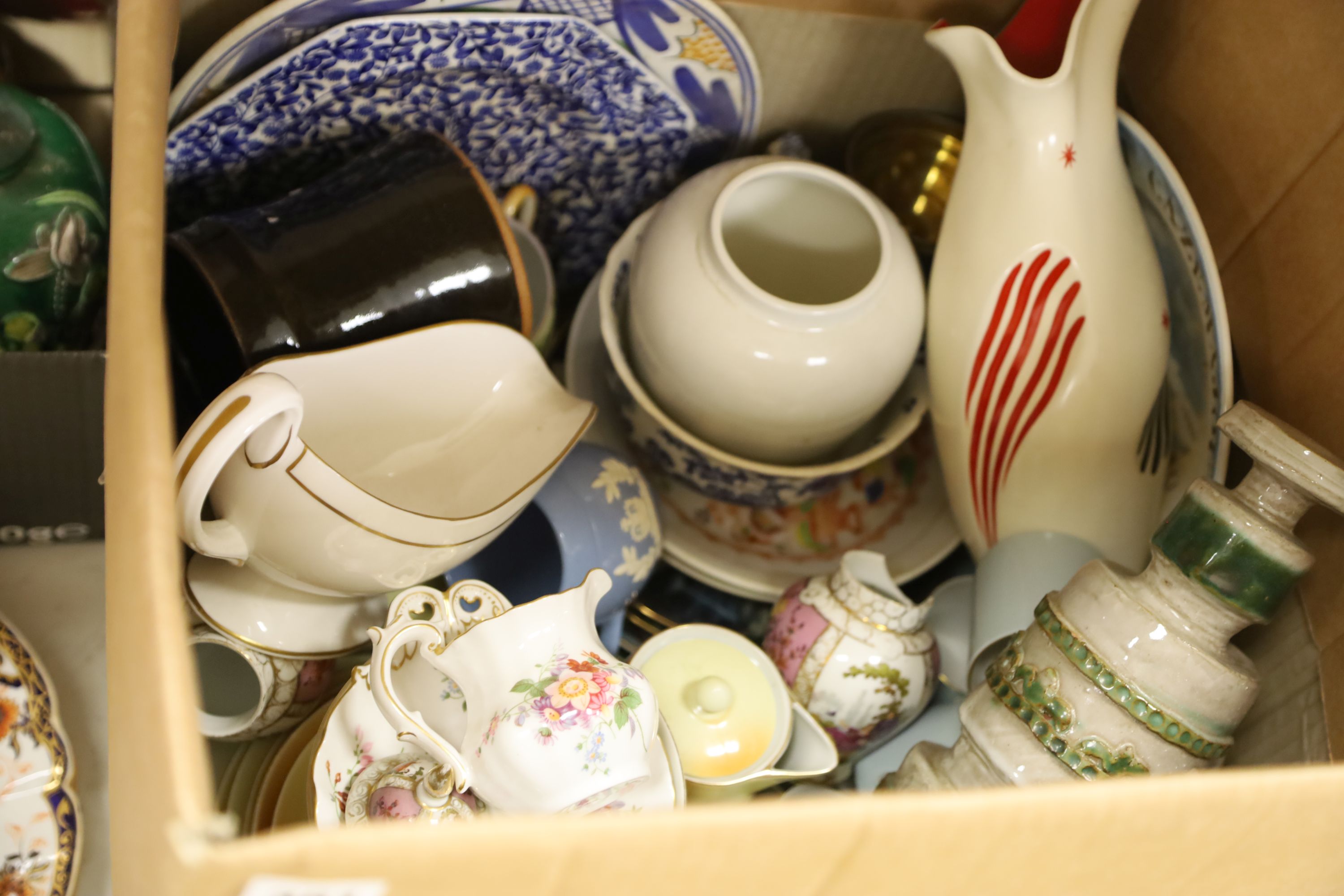 A Sitzendorf figure, Doulton character jugs, mixed ceramics and teaware